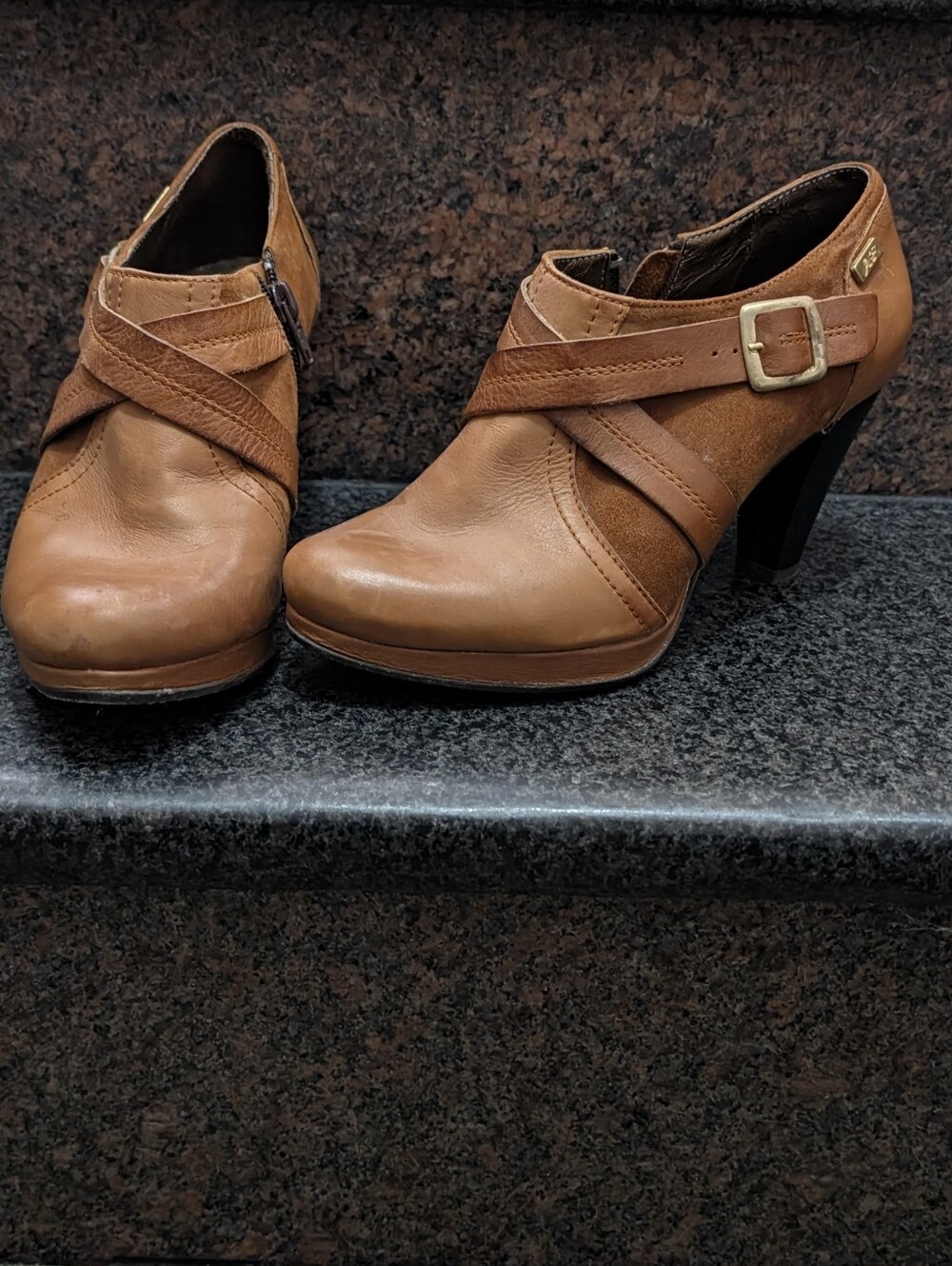 Women's Tan Leather Buckle Strap Heeled Booties